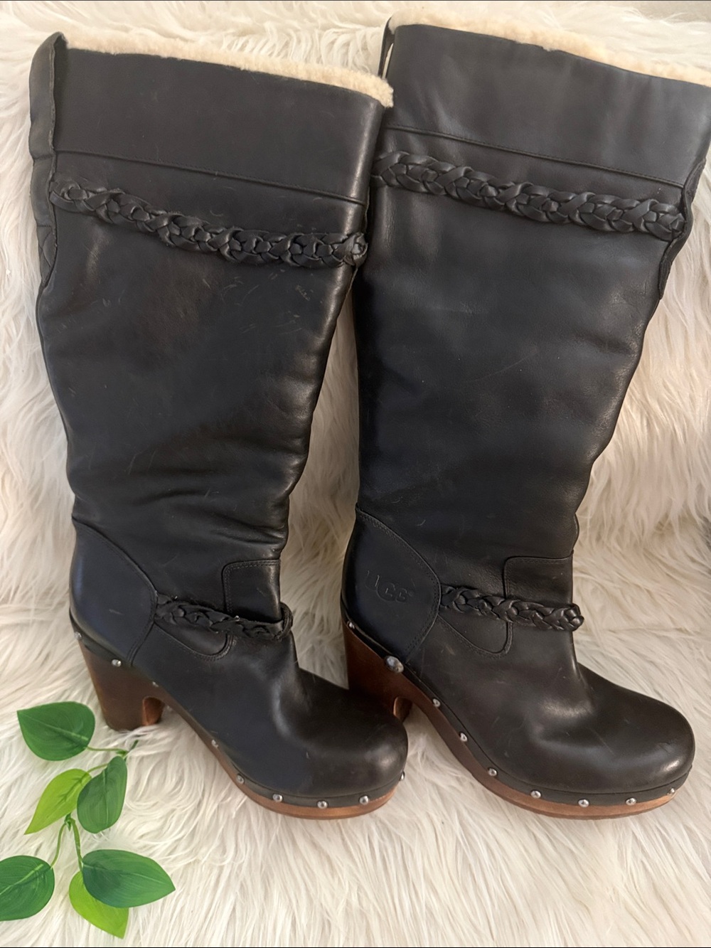 UGG Statement Black Leather Over-the-Knee Boots Braided Studded Heel🔥